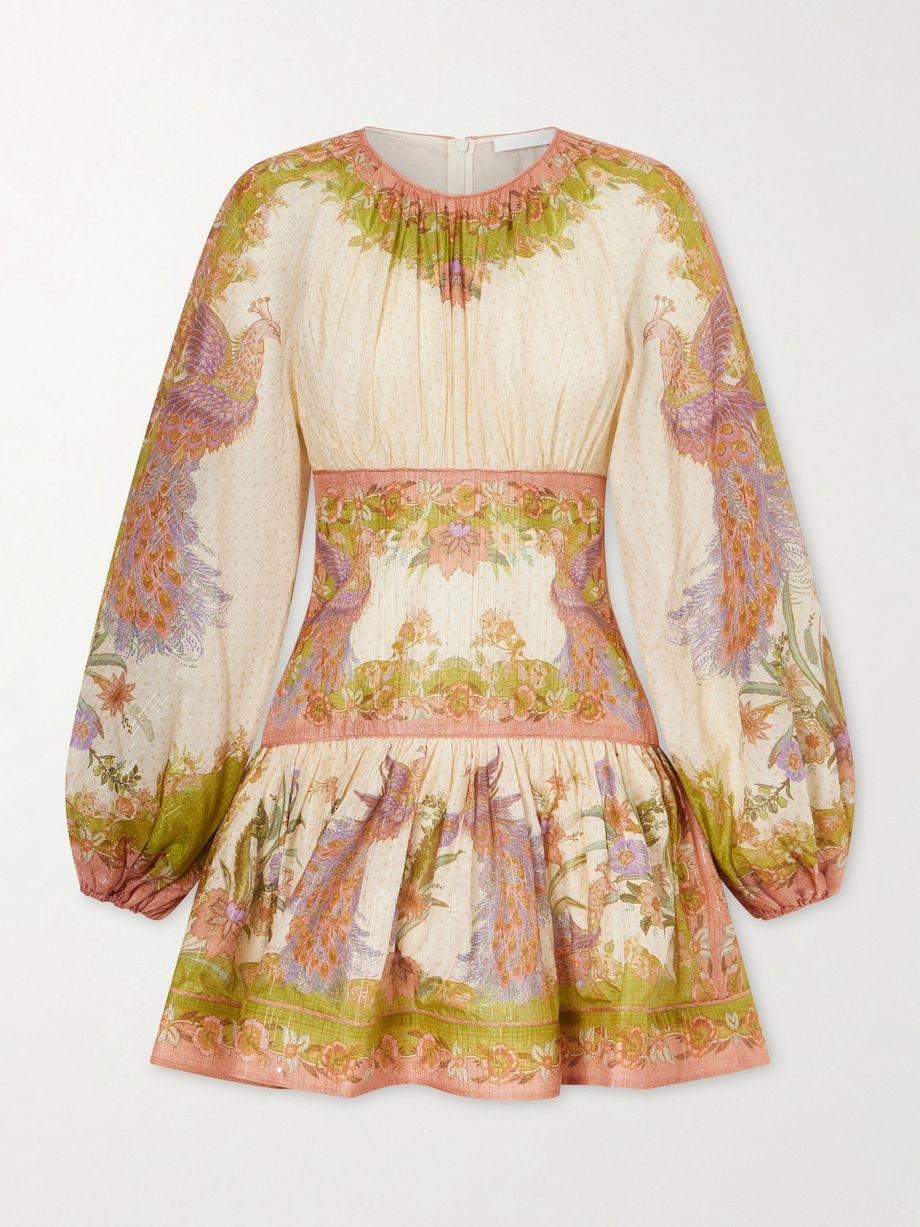 Indra gathered floral-print metallic cotton and silk-blend chartreuse mini dress by ZIMMERMANN