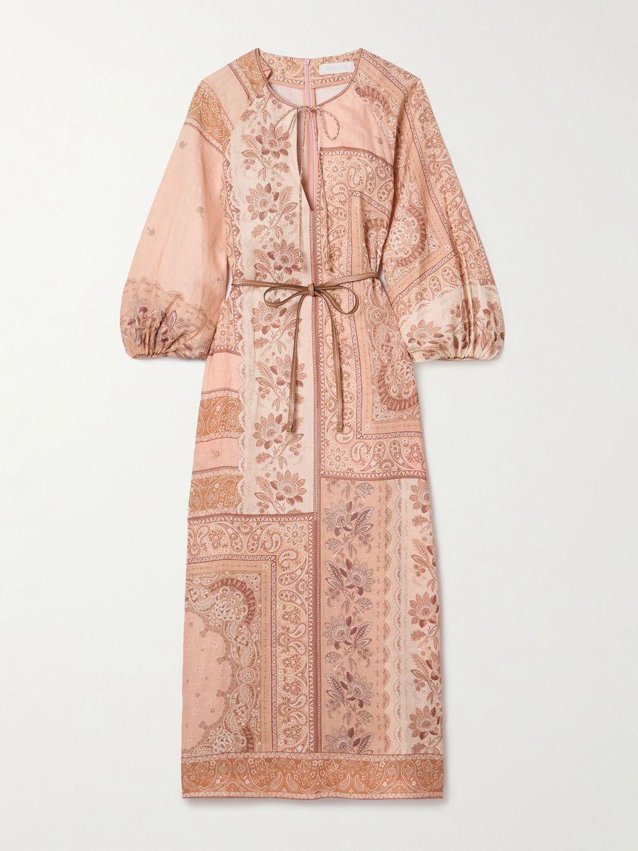 Lucky leather-trimmed belted paisley-print linen midi dress by ZIMMERMANN