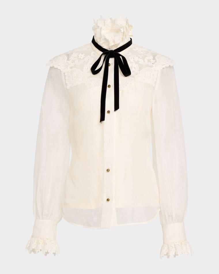 Luna Collared Neck-Tie Lace Blouse by ZIMMERMANN