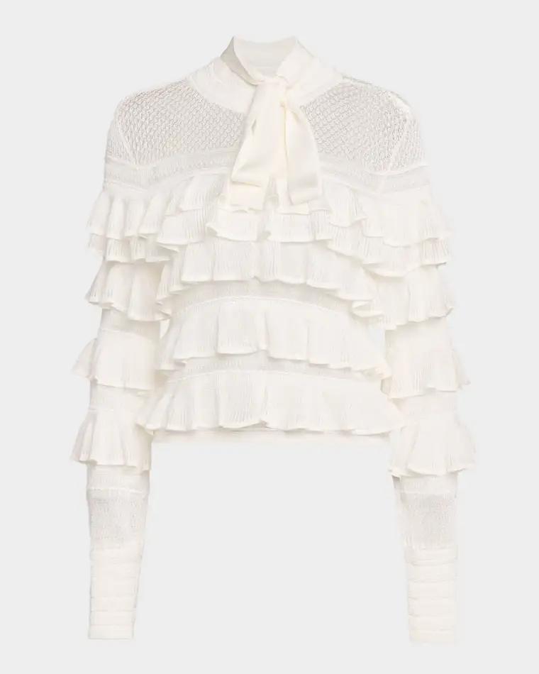 Luna Lace Frill Tie-Neck Top by ZIMMERMANN