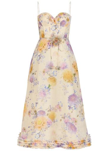 Luna floral-appliquéd linen and silk-blend midi dress by ZIMMERMANN