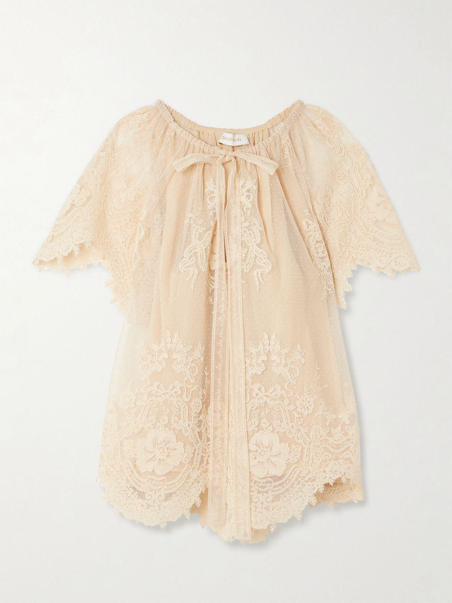 Luna scalloped gathered lace and point d'esprit blouse by ZIMMERMANN