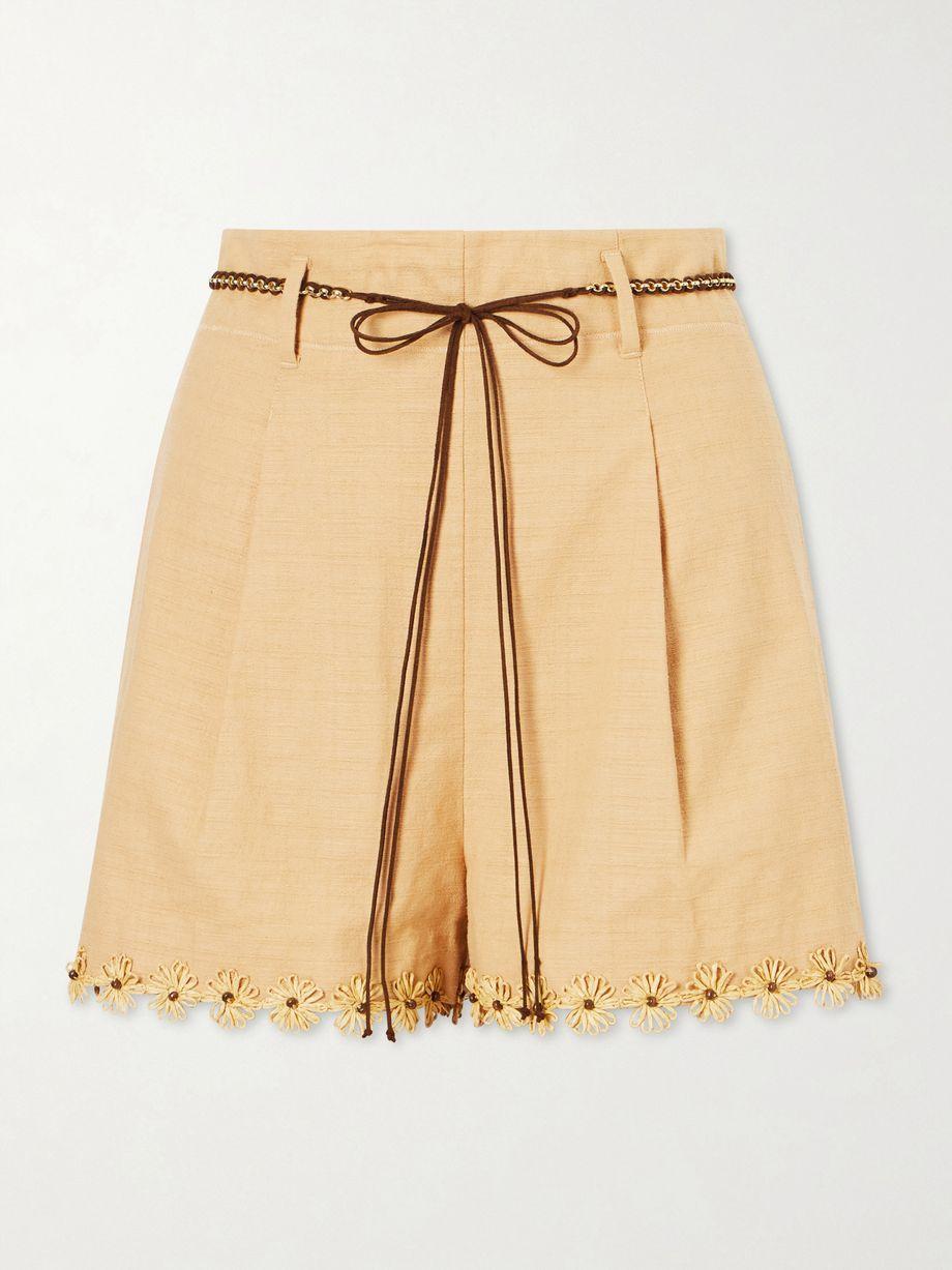 Mahon Flower pleated leather and raffia-trimmed cotton shorts by ZIMMERMANN