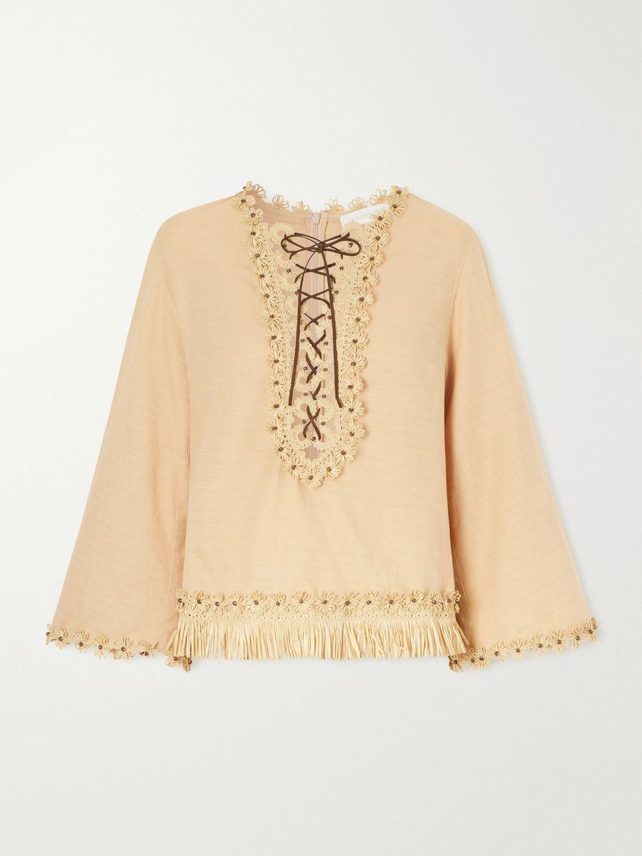 Mahon leather and raffia-trimmed cotton blouse by ZIMMERMANN