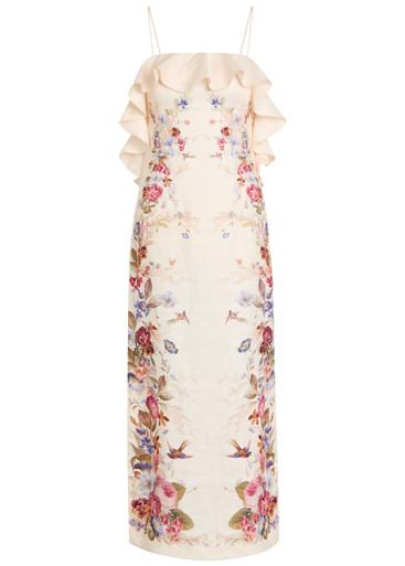 Patience ruffled floral linen midi dress by ZIMMERMANN