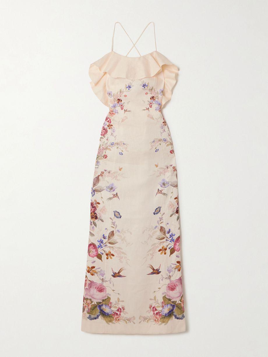 Patience ruffled printed linen midi dress by ZIMMERMANN