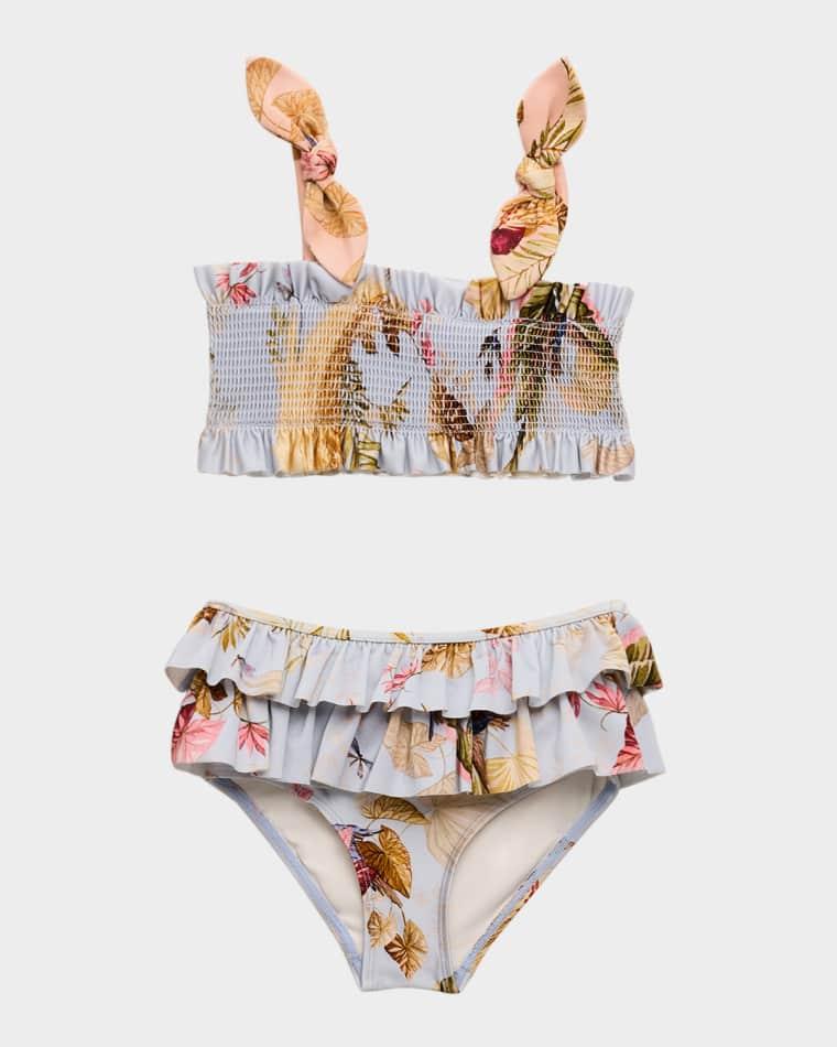 Rhiannon Leaf-Print Smocked Bikini, Size 1-12 by ZIMMERMANN