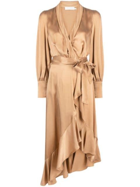 long-sleeve wrap silk midi dress by ZIMMERMANN