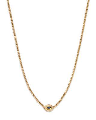 14K Yellow Gold Curb Chain Marquise Blue Sapphire Halo Necklace by ZOE CHICCO