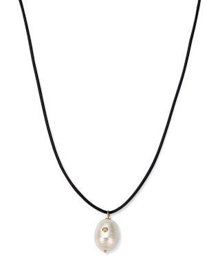 14K Yellow Gold Diamond Baroque Pearl Pendant Leather Cord Necklace by ZOE CHICCO