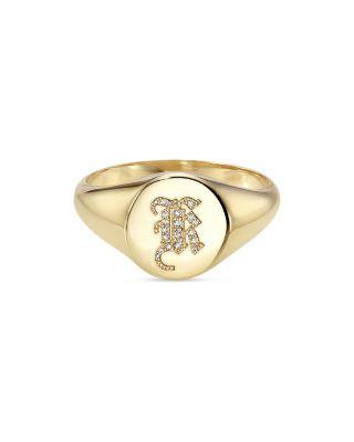 14K Yellow Gold Diamond Gothic Initial Small Signet Ring by ZOE LEV